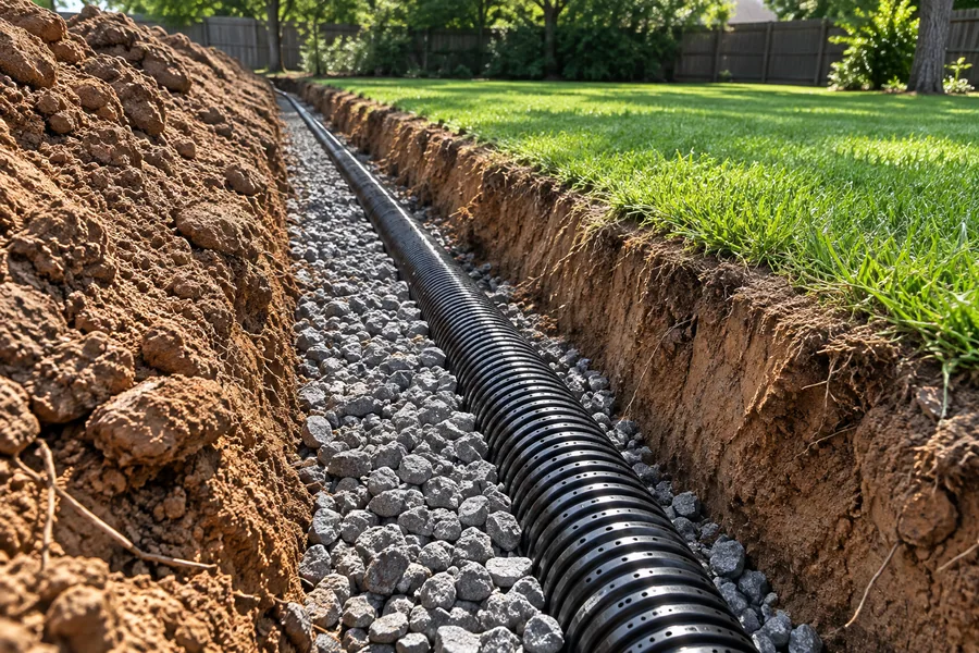 A drainage pipe installed in a gravel-lined trench