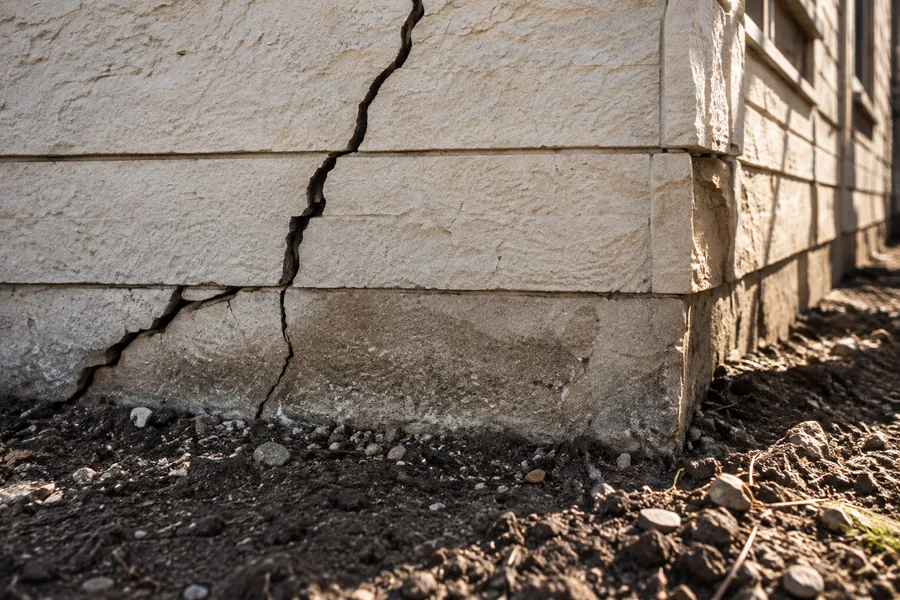 Cracked masonry at the base of a home