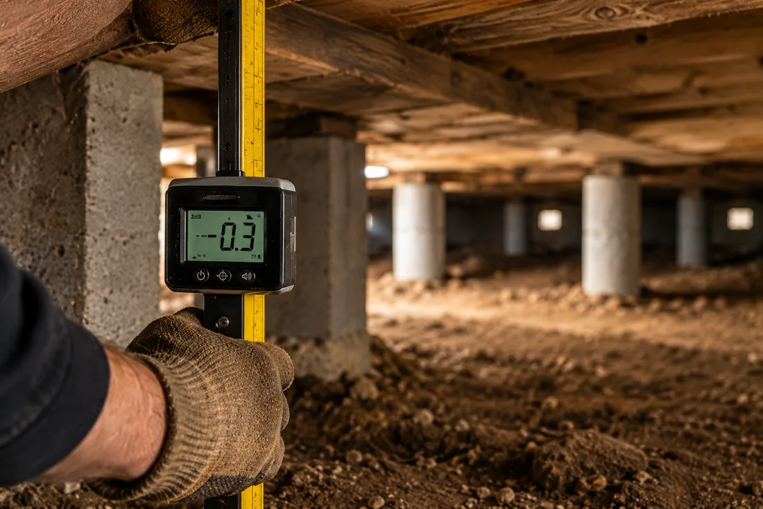 Precise foundation measurements being taken beneath a pier and beam home