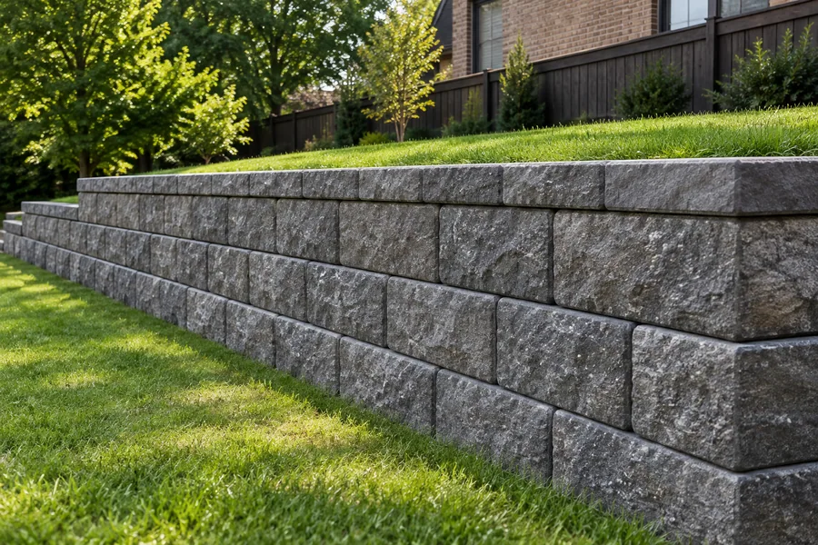 A finished stone retaining wall beside a lawn